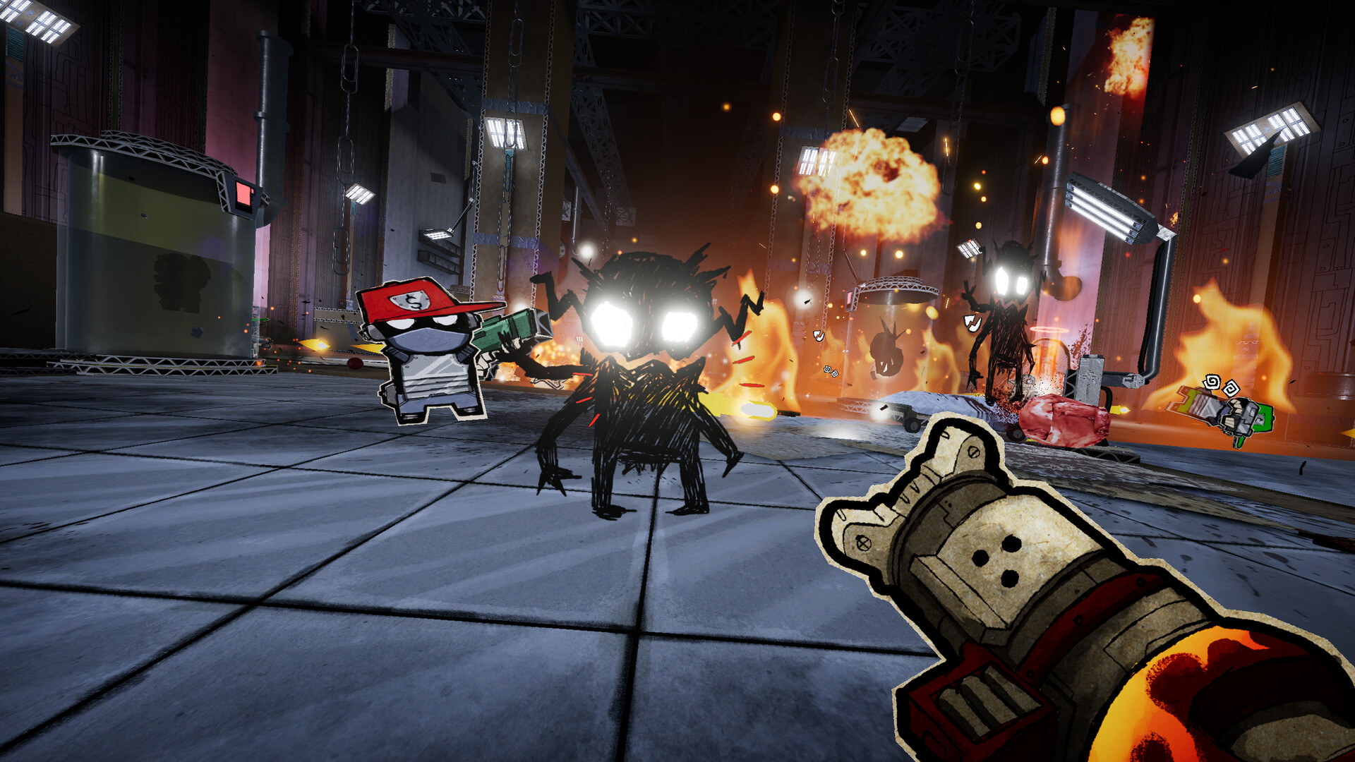 Fierce combat in a cardboard research facility against scribbled paper horrors