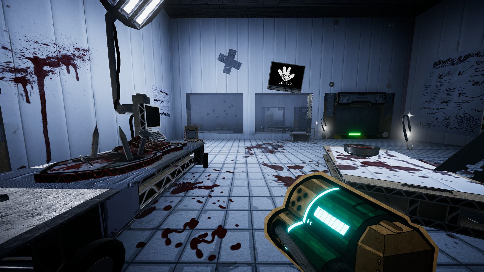 A blood-drenched cardboard laboratory featuring anatomical horrors and collectible paperclips