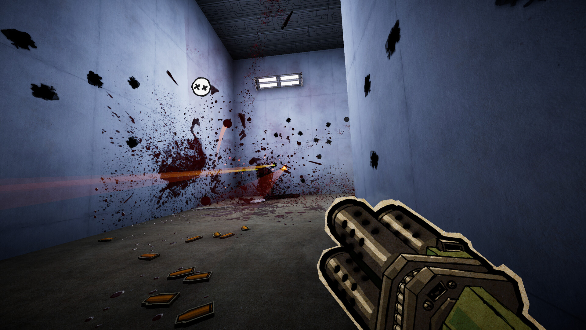 Heavy minigun fire shredding paper monstrosities in an enclosed test chamber
