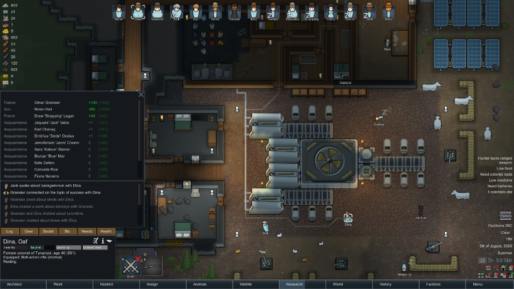 Detailed colonist management interface showing skills, relationships, and health